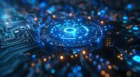 Glowing blue circular technology pattern on circuit board with radial light effects and bokeh, representing digital transformation and AI innovation.