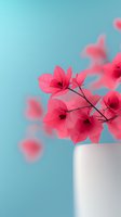 Pink bougainvillea flowers in white vase against turquoise background, soft focus floral composition with delicate petals creating dreamy romantic atmosphere.