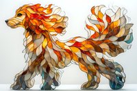 Artistic mosaic-style dog with flowing orange and brown segments creating dynamic movement, stained glass effect on white background for creative design projects.