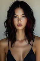 Young Asian woman with wavy black hair featuring subtle red highlights, natural makeup, and neutral background for beauty, fashion, or lifestyle content.