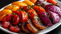 Grilled colorful vegetables arranged on white plate, including tomatoes, bell peppers, and purple onions, drizzled with herbs and olive oil, creating vibrant food composition.