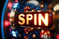 Illuminated SPIN text sign with glowing orange letters against dark background with blurred bokeh lights creating atmospheric casino ambiance.