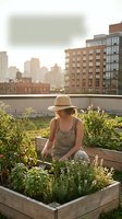 Young woman in straw hat tending rooftop garden with raised beds during golden hour sunset, urban farming lifestyle with city skyline background.