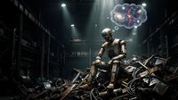 Futuristic robot with glowing brain sits contemplatively among electronic waste in dark industrial warehouse with dramatic lighting for sci-fi concepts.