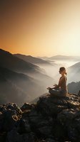 Woman meditating in lotus pose on mountain peak at sunrise with misty valleys and golden light for wellness and mindfulness concepts.