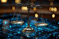 Decorative scales of justice on reflective surface with glowing blue lights and bokeh background, symbolizing law, balance, and modern legal technology.