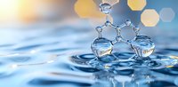 Molecular structure reflected in water drops with bokeh lights background creates dreamy scientific atmosphere. Suitable for chemistry and research concepts.
