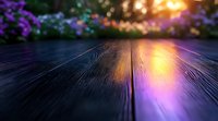 Rustic wooden surface with magical sunset glow and purple flowers in soft focus background creating dreamy atmosphere for nature and garden photography.