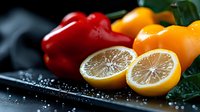 Fresh sliced lemons and vibrant red and yellow bell peppers with water droplets on dark surface for culinary, food styling, and recipe content.
