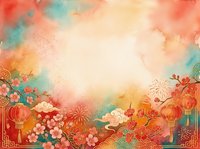 Lunar new year celebration background with red lanterns, blooming flowers, and traditional ornaments radiating from glowing center, suitable for festive greeting cards and holiday designs.
