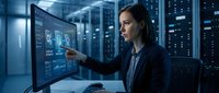 Professional woman data analyst working with digital dashboard in modern server room monitoring network systems and cloud computing infrastructure.