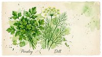Watercolor parsley and dill herbs on vintage paper background with green splashes, labeled botanical illustration for kitchen or culinary design.