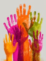 Colorful painted handprints in vibrant pink orange and green creating unity diversity concept for teamwork community support and creative expression projects.
