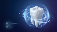 White tooth with glowing blue energy rings and DNA helix on dark background for dental technology and healthcare innovation concepts.
