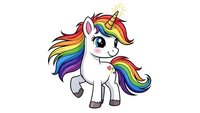 Cute white unicorn with rainbow mane and tail, golden horn, cartoon style character isolated on transparent background for children designs and fantasy projects.