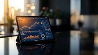Tablet displaying stock market charts and financial data on a glossy desk in a modern office with warm sunset light.