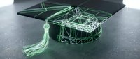 Green wireframe graduation cap with tassel on dark surface. Digital education concept for academic achievement, online learning, university degree programs.
