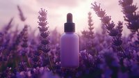 Purple glass dropper bottle among blooming lavender flowers at sunset, aromatherapy and natural cosmetics concept for wellness and spa products.