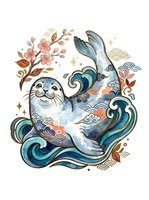 Playful seal swimming in decorative ocean waves with floral elements, featuring ornamental details and Asian-inspired patterns. Isolated artwork for apparel and design projects.
