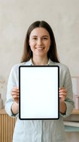 Young woman with long dark hair and Caucasian ethnicity wearing light gray button-up shirt, smiling while holding blank tablet with white screen for mockup and advertising purposes.