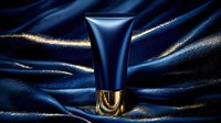 Navy blue luxury cosmetic tube with gold cap on dark silk fabric with glitter. Elegant premium skincare product packaging against flowing textile background.