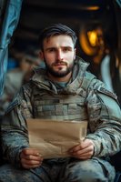 Caucasian male soldier in military combat uniform and tactical vest reading letter in dimly lit environment, emotional moment captured with warm lighting and bokeh effect.