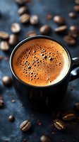 Fresh espresso with golden crema in black cup surrounded by scattered coffee beans on dark background. Close-up view shows rich foam texture and bubbles.