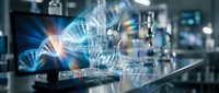 Digital DNA helix with molecular structures in modern laboratory setting. Biotechnology research concept with glowing genetic code visualization.