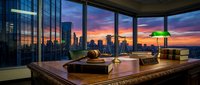 Luxury office interior with panoramic city skyline view at sunset, executive desk with green banker lamp, modern corporate workspace design.
