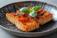 Grilled tofu steaks with caramelized glaze and fresh basil garnish served on rustic ceramic plate for healthy vegetarian cooking and plant-based dining.