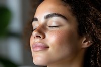 Young African American woman with natural curly hair, closed eyes and serene expression, showing glowing healthy skin in soft natural lighting. Wellness concept.