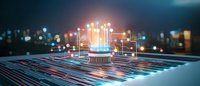 Futuristic microchip with glowing connections on circuit board against blurred city skyline at night, representing advanced technology and digital innovation.