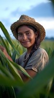 Young Hispanic female farmer wearing straw hat smiling in corn field during golden hour sunset with agricultural crops and rural landscape background.