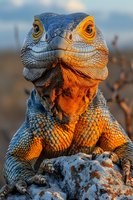 Majestic iguana with vibrant blue and orange scales basking in golden sunlight on rocky surface showcasing detailed reptilian texture and piercing eyes.