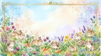 Adorable rabbits in spring meadow with colorful wildflowers and decorative border frame for Easter greeting cards and seasonal designs.
