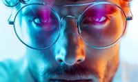 Close up portrait of young bearded Asian man in round glasses illuminated by vibrant blue and orange neon lights creating dramatic contrast and reflection in lenses.