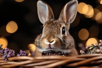 Adorable brown rabbit in wicker basket with purple flowers and bokeh lights background, close up portrait showing detailed fur texture and expressive face.