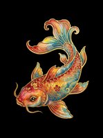 Ornamental koi fish with flowing fins and scales in warm gold, red, and teal tones, isolated on transparent background. Ready for t-shirts, stickers, clipart, and print-on-demand designs.