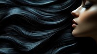 Side profile of young Asian woman with flowing dark hair against black background, dramatic lighting highlighting smooth skin and defined features for beauty and hair care industry.