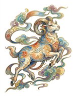 Ornate ram with swirling clouds in traditional Asian art style, isolated on transparent background. Great for t-shirts, stickers, print on demand, and sublimation designs.