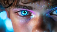 Mesmerizing bright blue eyes with magical sparkles and glitter makeup in neon colors against dark background, creating mystical beauty look for creative portrait photography.