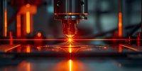 Industrial laser cutting machine in operation with bright orange beam cutting through metal surface in modern manufacturing facility.