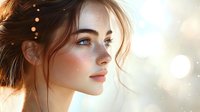 Young woman with freckles and blue eyes in profile view against soft bokeh background, natural makeup and loose updo hairstyle for beauty and skincare concepts.