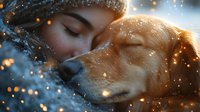 Young Asian woman embracing golden retriever dog in winter snow with magical bokeh lights and intimate emotional connection, close up portrait.