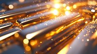 Glowing golden optical fiber cables with sparkling light effects and bokeh, modern technology and digital communication concept background.