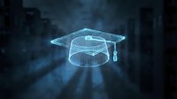 Holographic graduation cap glowing with blue light against dark urban background, representing digital education, online learning, and future technology in academic settings.
