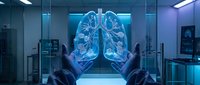 Medical professional examining holographic lung anatomy in modern laboratory for respiratory health research and diagnosis.