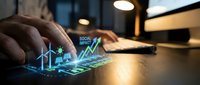 Businessman hand holding holographic social media growth chart with upward trending arrow and digital analytics icons on desk.