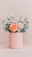 Delicate peach and white roses with eucalyptus leaves arranged in a modern pink cylindrical vase against soft pink background, creating elegant minimalist composition.