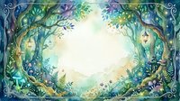 Enchanted forest frame with glowing lanterns and lush foliage creates magical woodland border for fairy tale designs and fantasy storytelling projects.